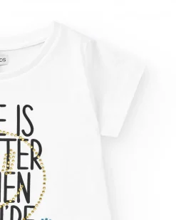 T-shirt pour fille en blanc, à manches courtes, avec détails brillants.