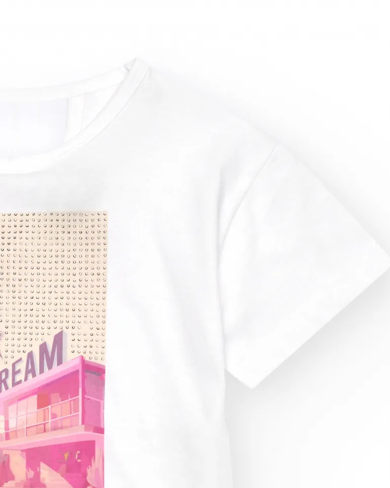 T-shirt pour fille en blanc avec imprimé sur le devant en rose et violet.