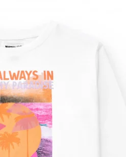 T-shirt pour fille en blanc, manches longues avec imprimé tropical.