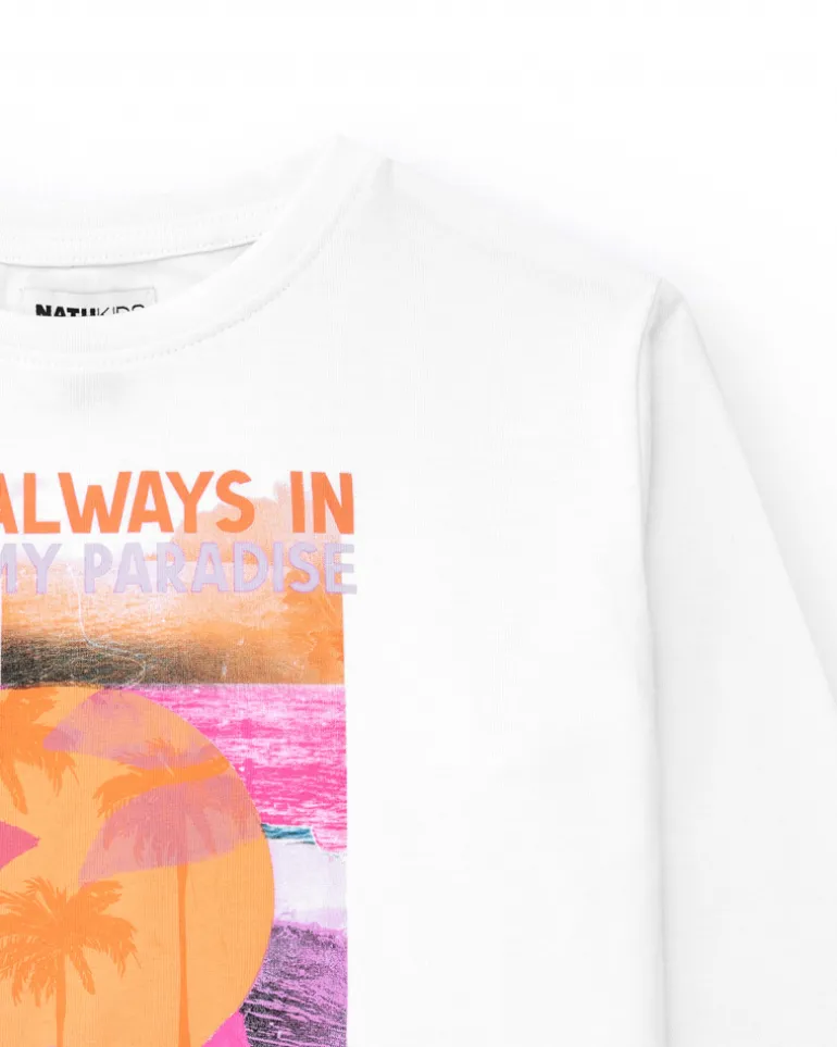 T-shirt pour fille en blanc, manches longues avec imprimé tropical.