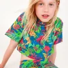 T-shirt pour fille en bleu à manches longues avec imprimé tropical.