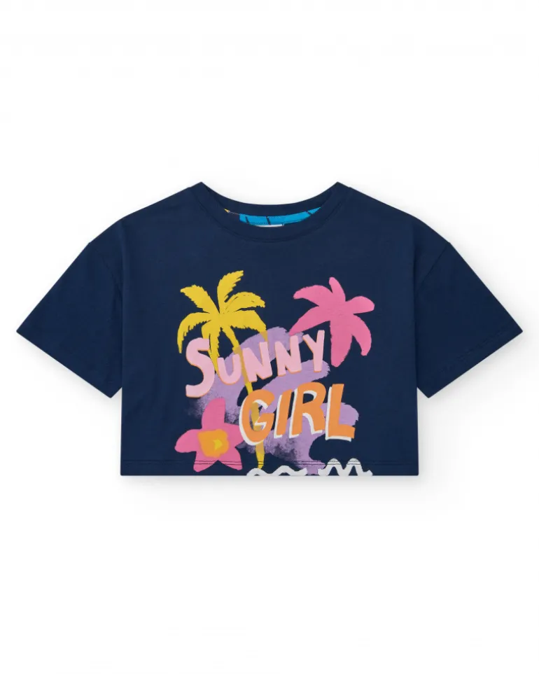 T-shirt pour fille en bleu, manches courtes avec imprimé tropical.