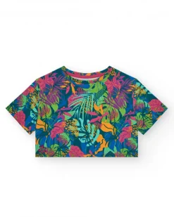 T-shirt pour fille en bleu à manches longues avec imprimé tropical.