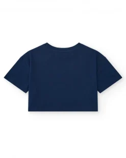 T-shirt pour fille en bleu, manches courtes avec imprimé tropical.