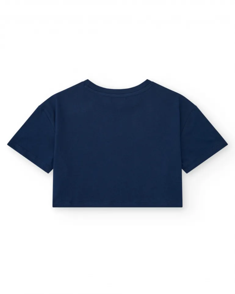 T-shirt pour fille en bleu, manches courtes avec imprimé tropical.