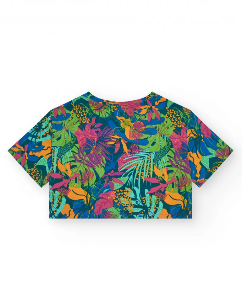 T-shirt pour fille en bleu à manches longues avec imprimé tropical.