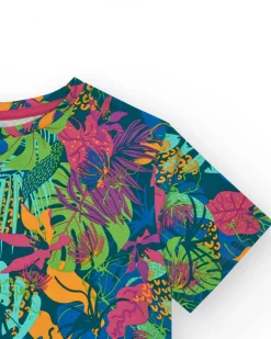 T-shirt pour fille en bleu à manches longues avec imprimé tropical.