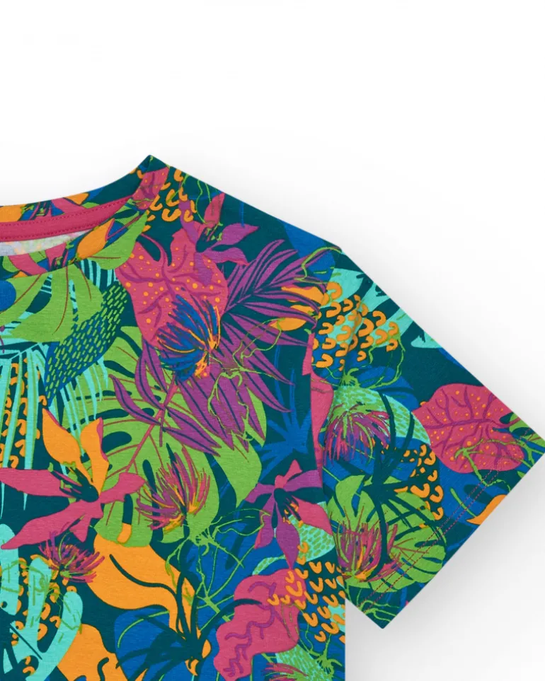 T-shirt pour fille en bleu à manches longues avec imprimé tropical.