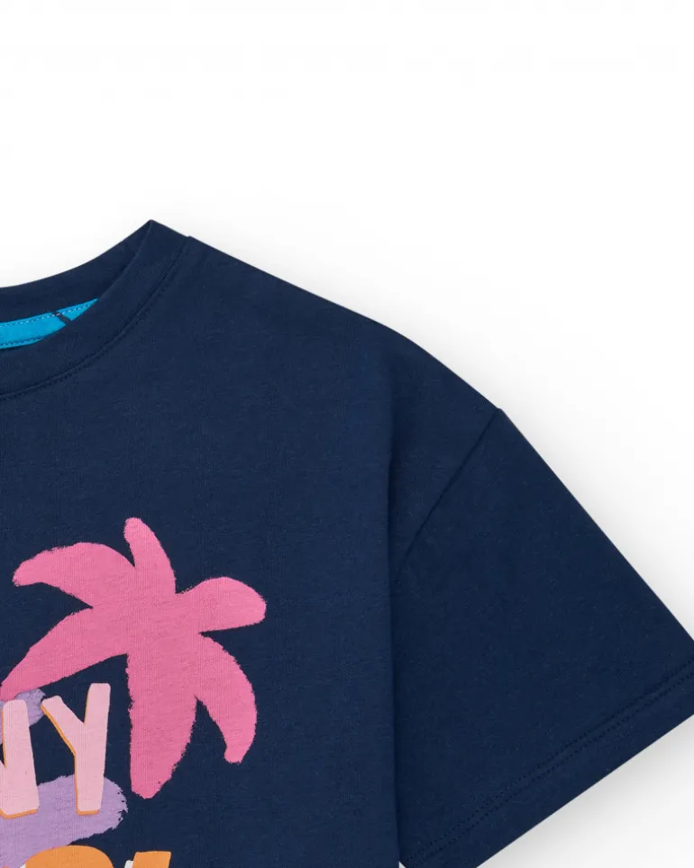 T-shirt pour fille en bleu, manches courtes avec imprimé tropical.