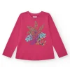 T-shirt pour fille en fuchsia à manches longues avec imprimé tropical.