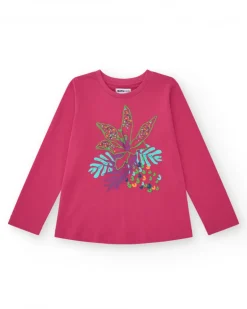 T-shirt pour fille en fuchsia à manches longues avec imprimé tropical.