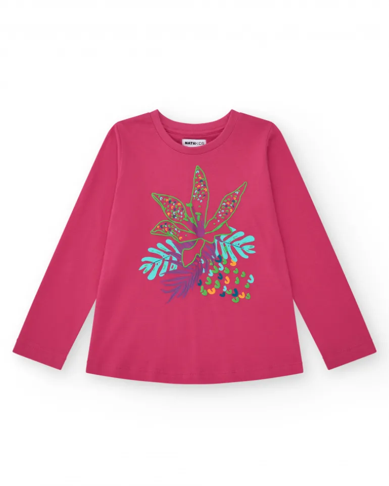 T-shirt pour fille en fuchsia à manches longues avec imprimé tropical.