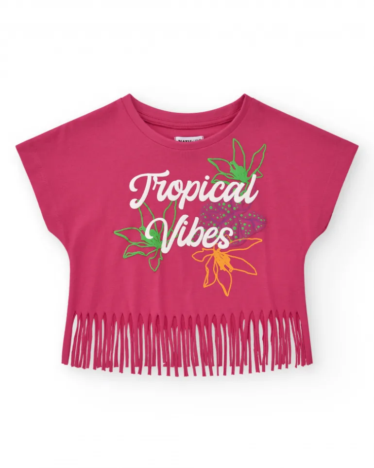 T-shirt pour fille en fuchsia avec imprimé tropical et franges sur le bas.