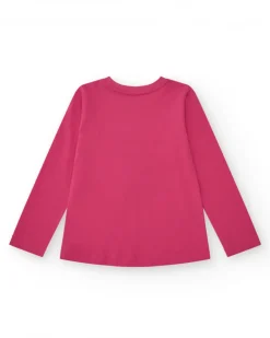 T-shirt pour fille en fuchsia à manches longues avec imprimé tropical.