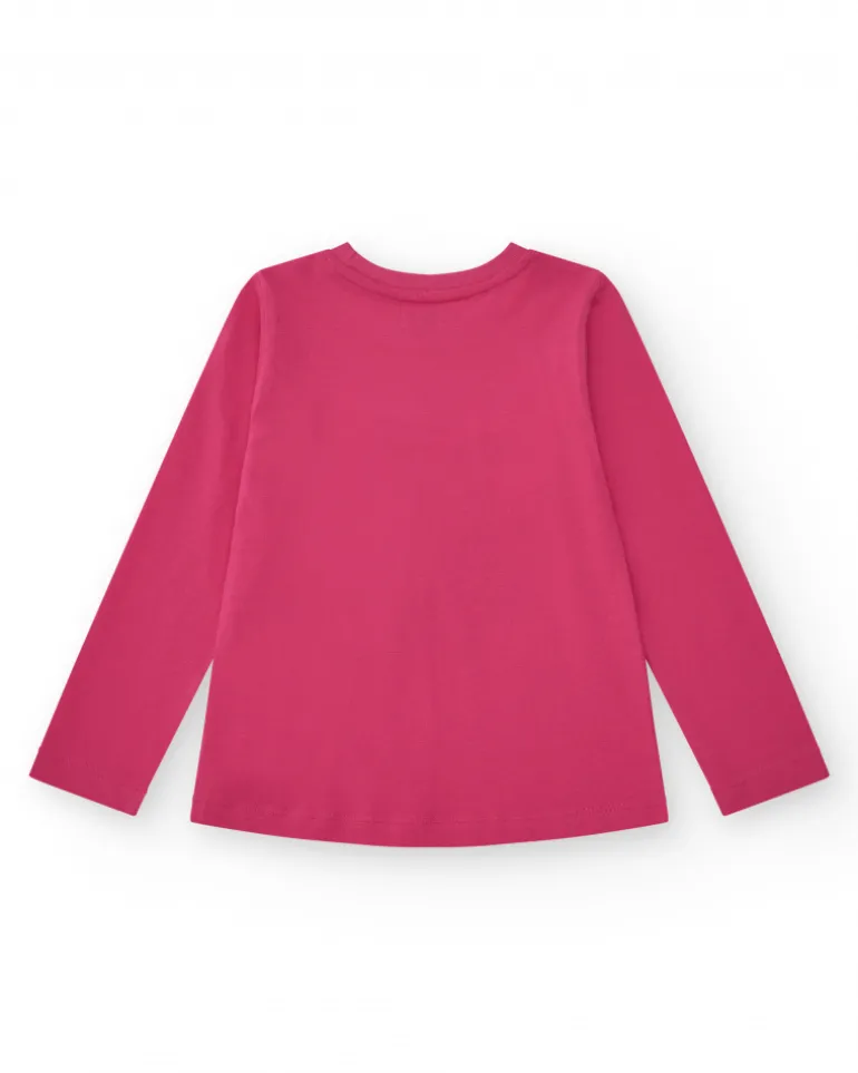 T-shirt pour fille en fuchsia à manches longues avec imprimé tropical.