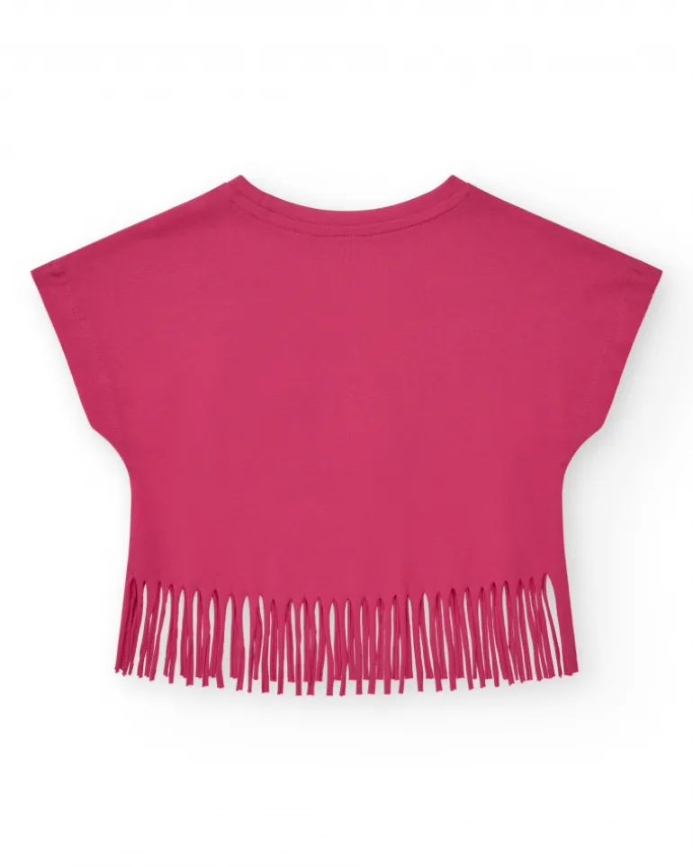 T-shirt pour fille en fuchsia avec imprimé tropical et franges sur le bas.