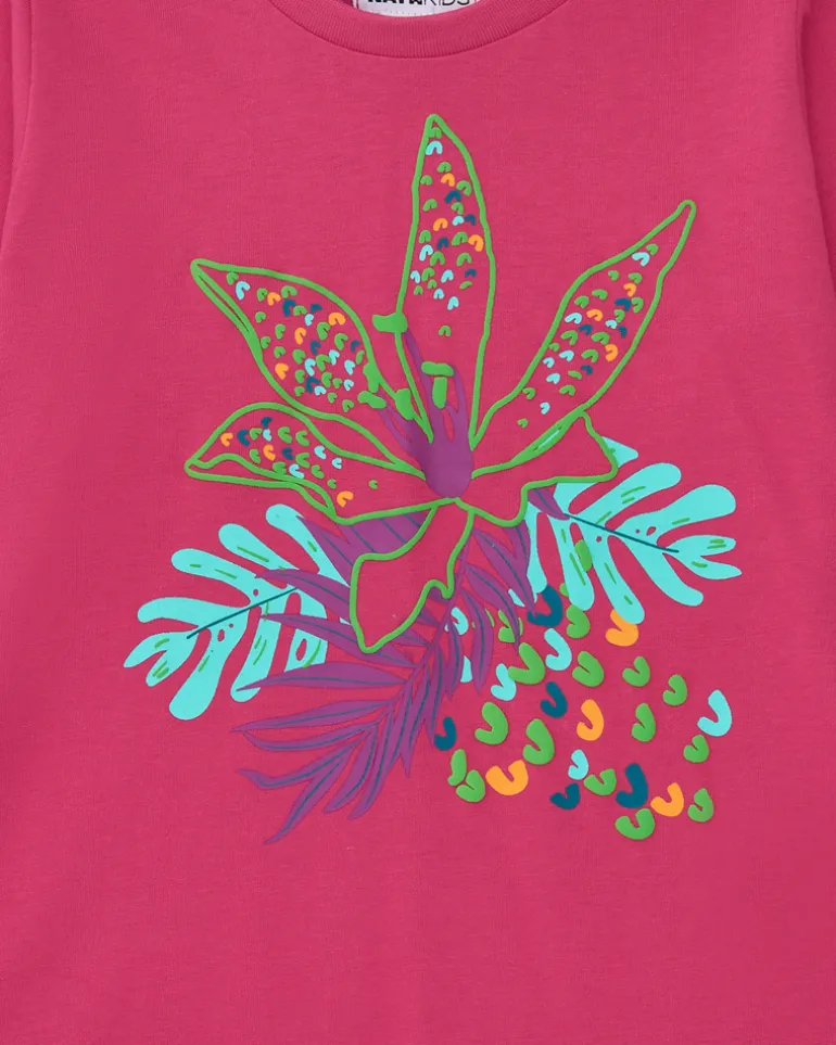 T-shirt pour fille en fuchsia à manches longues avec imprimé tropical.