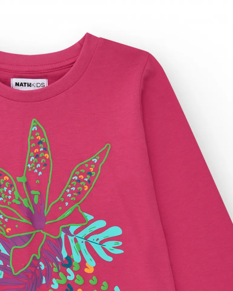 T-shirt pour fille en fuchsia à manches longues avec imprimé tropical.