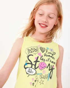 T-shirt pour fille en jaune, sans manches, décoré avec un message.