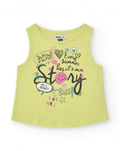 T-shirt pour fille en jaune, sans manches, décoré avec un message.