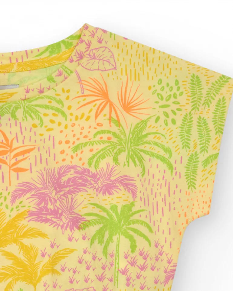 T-shirt pour fille en jaune avec imprimé tropical.