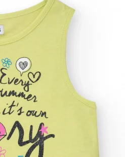 T-shirt pour fille en jaune, sans manches, décoré avec un message.