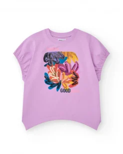T-shirt pour fille en lilas avec sequins et ourlet courbé.
