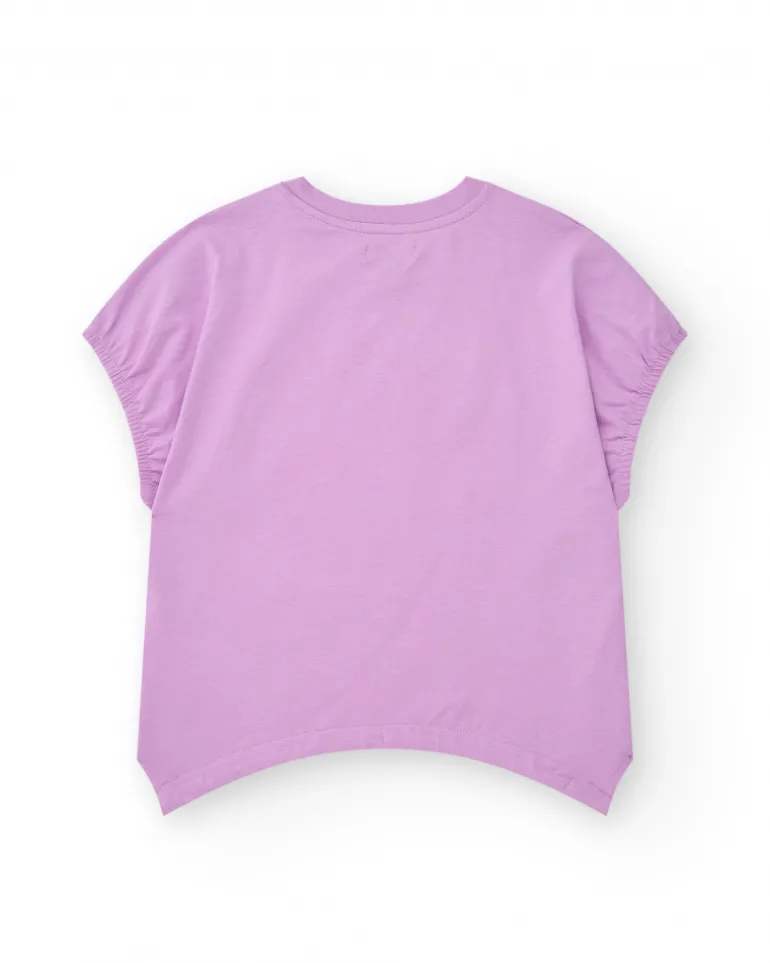 T-shirt pour fille en lilas avec sequins et ourlet courbé.