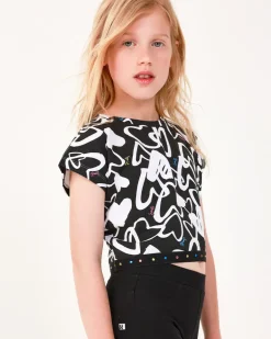 T-shirt pour fille en noir, à manches courtes, avec détails brillants.
