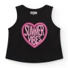 T-shirt pour fille en noir, sans manches, avec imprimé sur le devant.