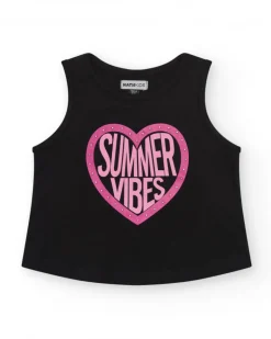 T-shirt pour fille en noir, sans manches, avec imprimé sur le devant.