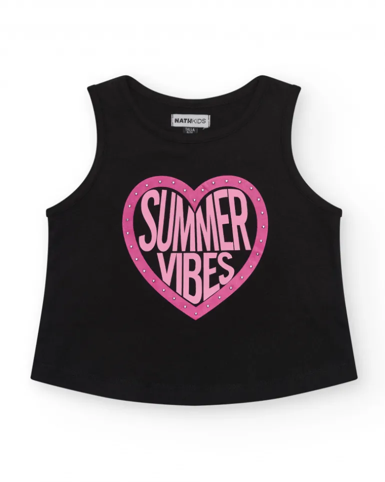 T-shirt pour fille en noir, sans manches, avec imprimé sur le devant.