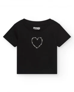 T-shirt pour fille en noir, à manches courtes, avec un cœur brillant.