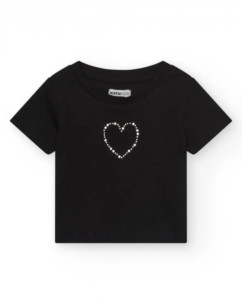 T-shirt pour fille en noir, à manches courtes, avec un cœur brillant.
