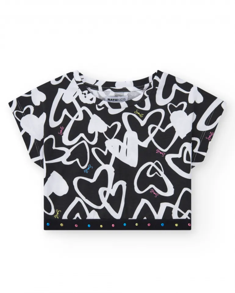 T-shirt pour fille en noir, à manches courtes, avec détails brillants.