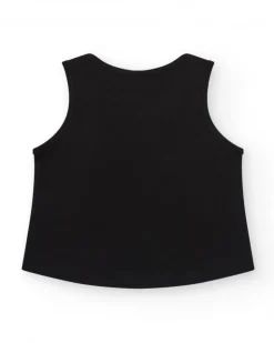 T-shirt pour fille en noir, sans manches, avec imprimé sur le devant.
