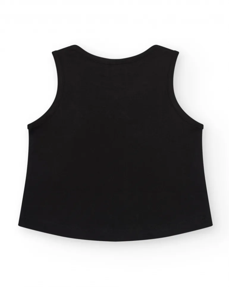 T-shirt pour fille en noir, sans manches, avec imprimé sur le devant.