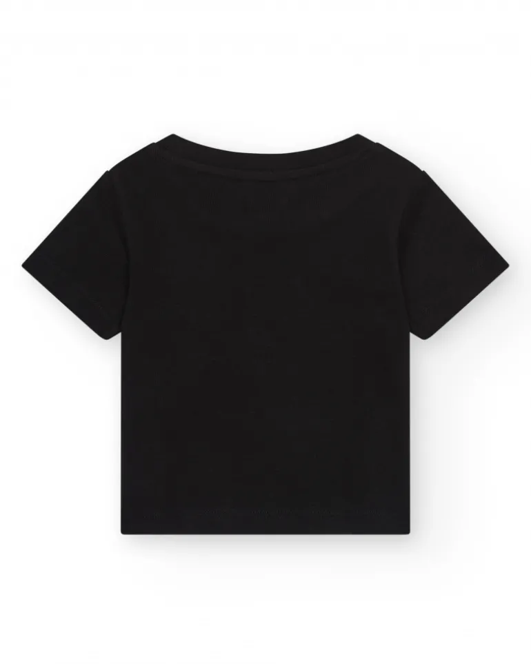 T-shirt pour fille en noir, à manches courtes, avec un cœur brillant.