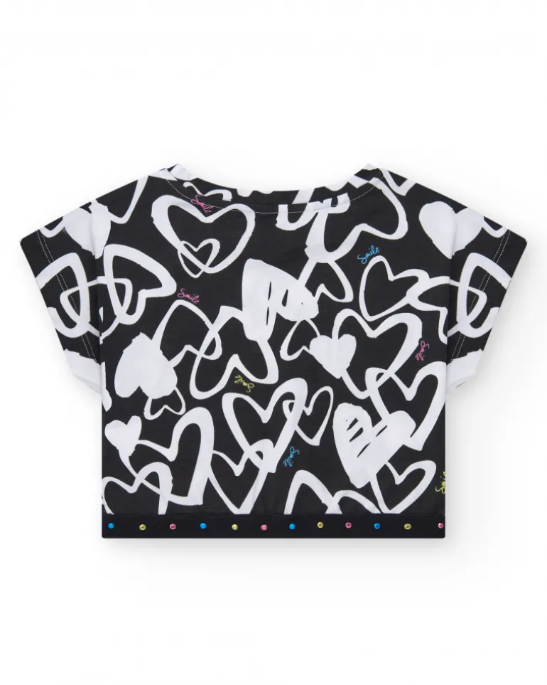 T-shirt pour fille en noir, à manches courtes, avec détails brillants.