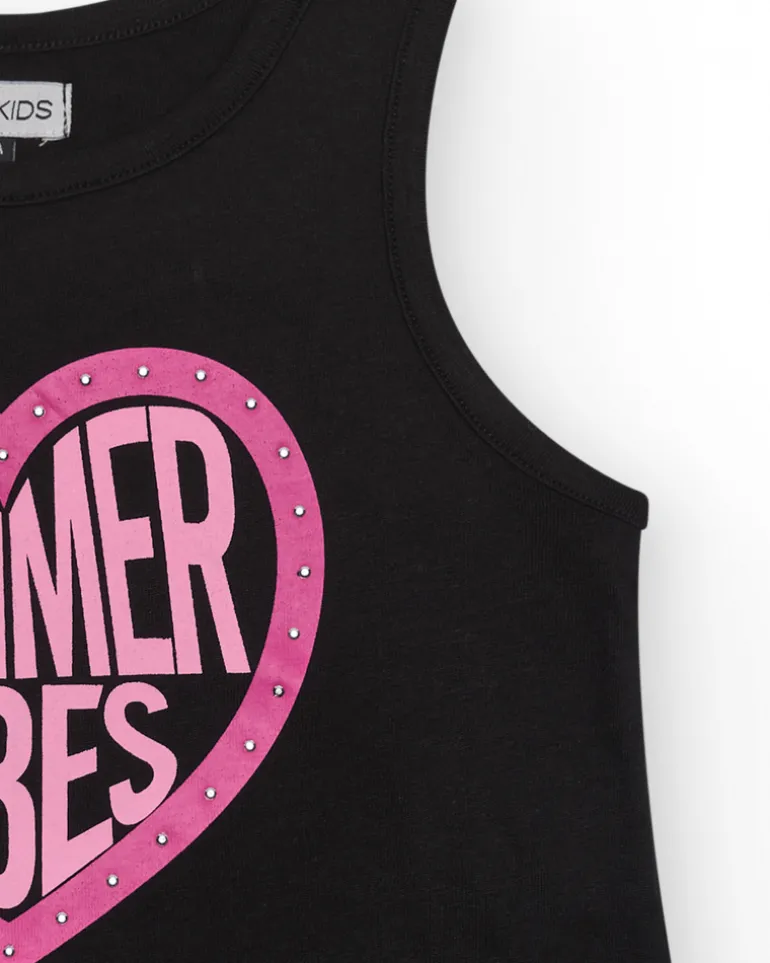 T-shirt pour fille en noir, sans manches, avec imprimé sur le devant.