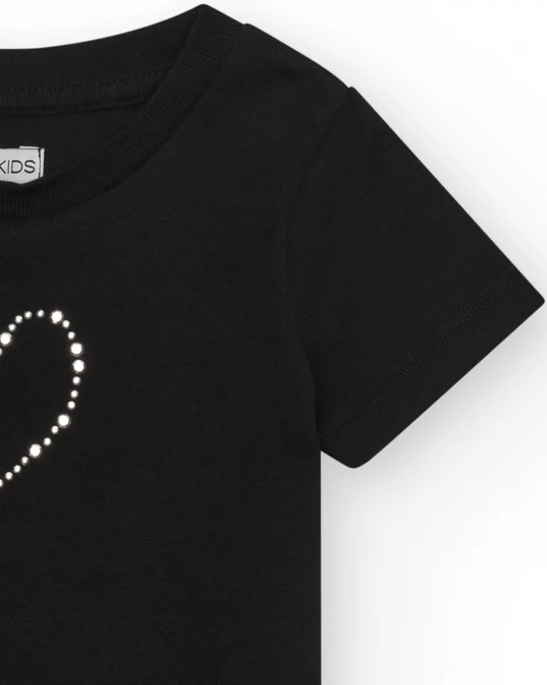 T-shirt pour fille en noir, à manches courtes, avec un cœur brillant.