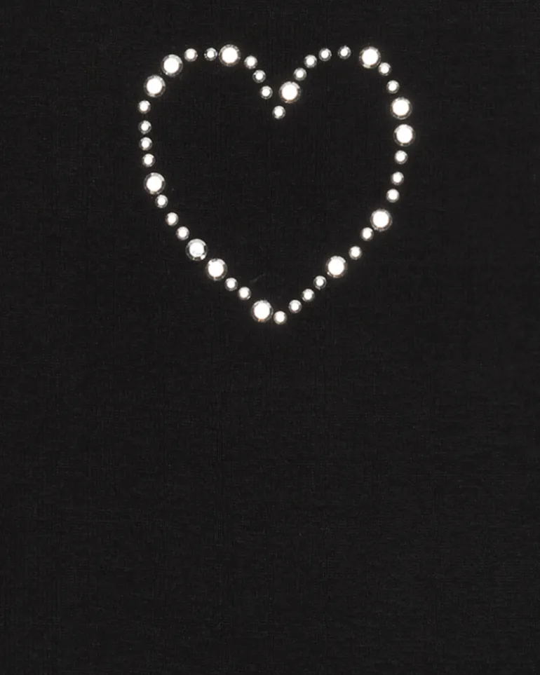T-shirt pour fille en noir, à manches courtes, avec un cœur brillant.