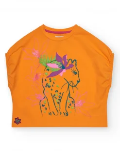 T-shirt pour fille en orange à manches courtes avec détails floraux.