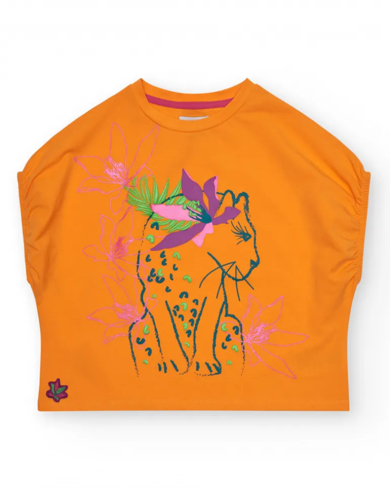 T-shirt pour fille en orange à manches courtes avec détails floraux.