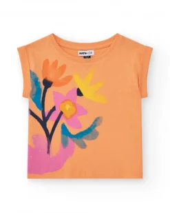 T-shirt pour fille en orange, manches courtes et col rond.