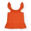T-shirt pour fille en orange avec volants et broderies.