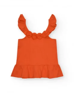 T-shirt pour fille en orange avec volants et broderies.