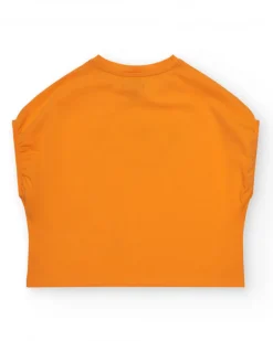 T-shirt pour fille en orange à manches courtes avec détails floraux.