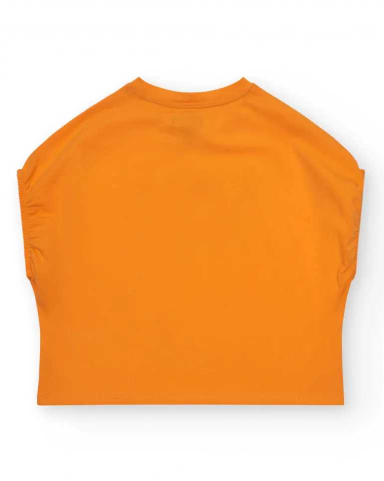 T-shirt pour fille en orange à manches courtes avec détails floraux.