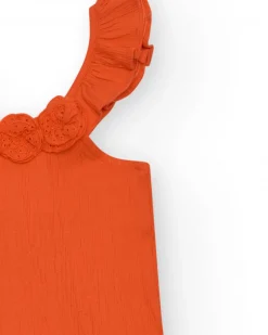 T-shirt pour fille en orange avec volants et broderies.